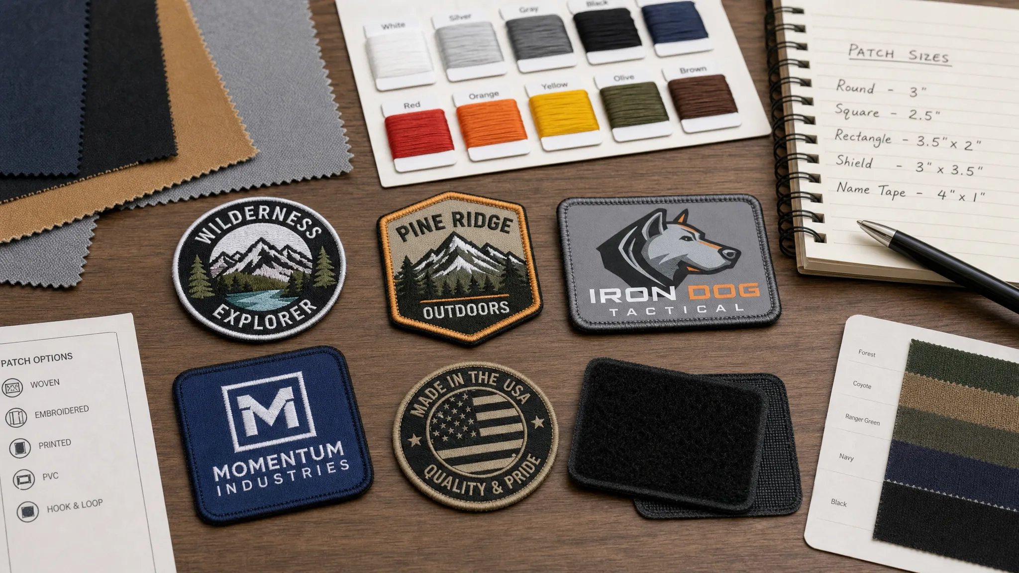 A clean tabletop with several custom patch samples in different shapes, including woven, embroidered, printed, and hook-and-loop patches, arranged beside fabric swatches, thread cards, and a small notebook with sizing notes.