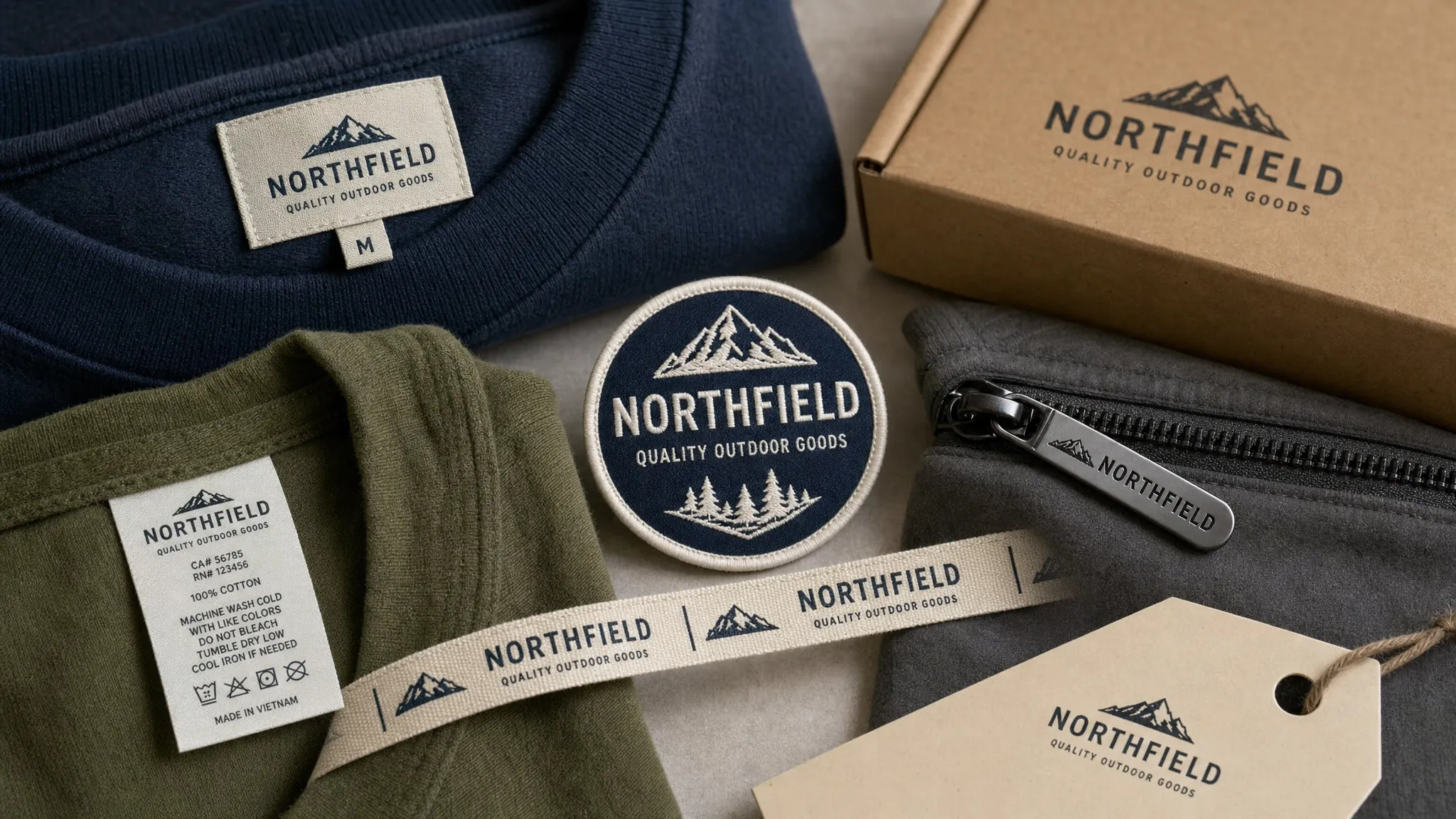 A close-up arrangement of branded apparel details on folded clothing and packaging, including a woven neck label, care label, embroidered patch, custom zipper pull, and woven ribbon, with each detail clearly visible and separated enough to compare their role in the brand experience.