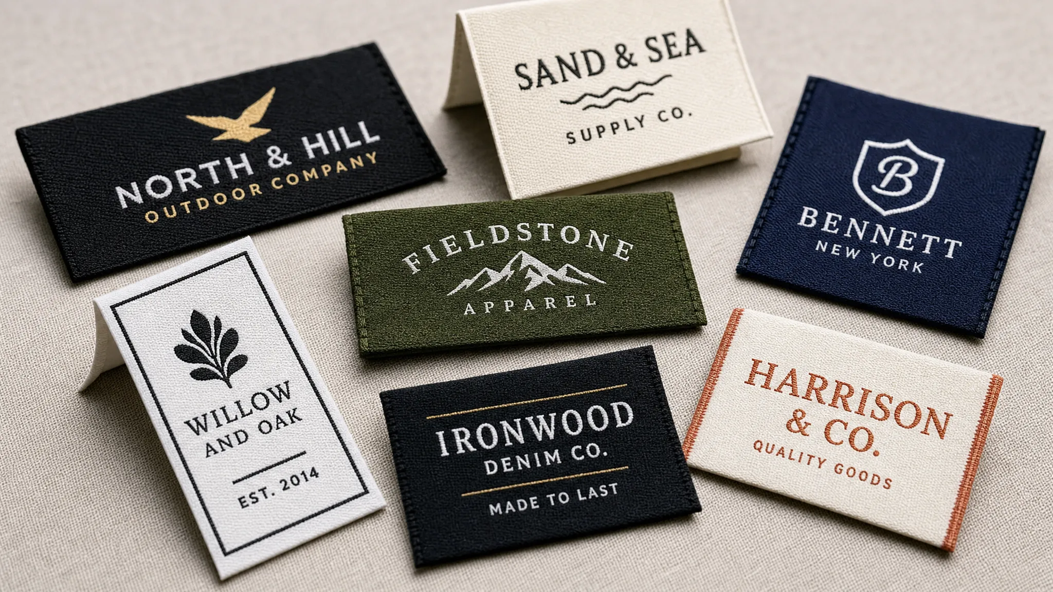 A close-up arrangement of custom woven clothing labels in different folds, colors, and sizes, showing clear logos, clean edges, and textured woven threads on neutral fabric.