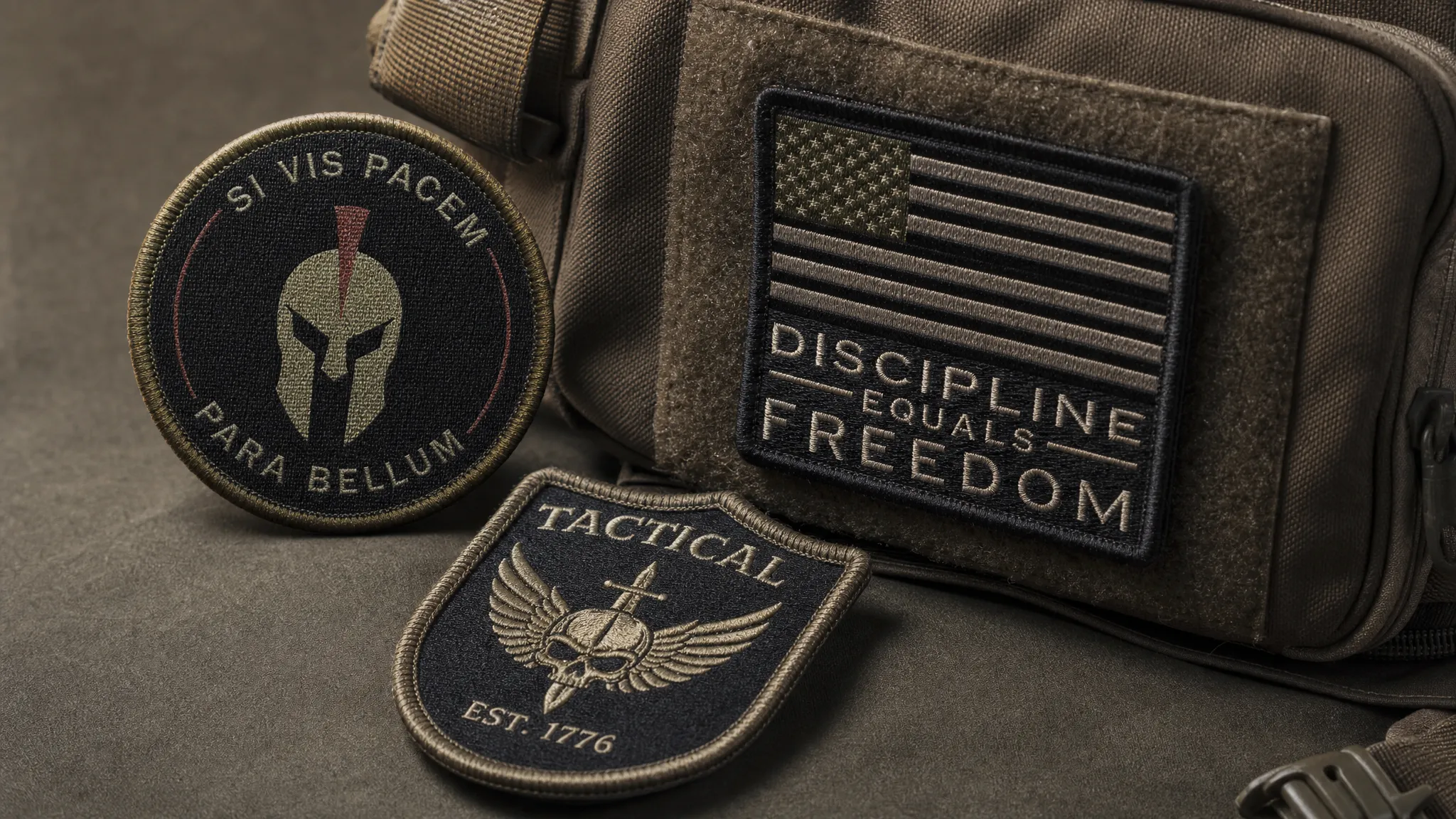 A close-up of several military-style custom patches on rugged fabric, showing a woven patch with fine lettering, an embroidered patch with raised texture, and a hook-and-loop patch attached to a tactical bag.