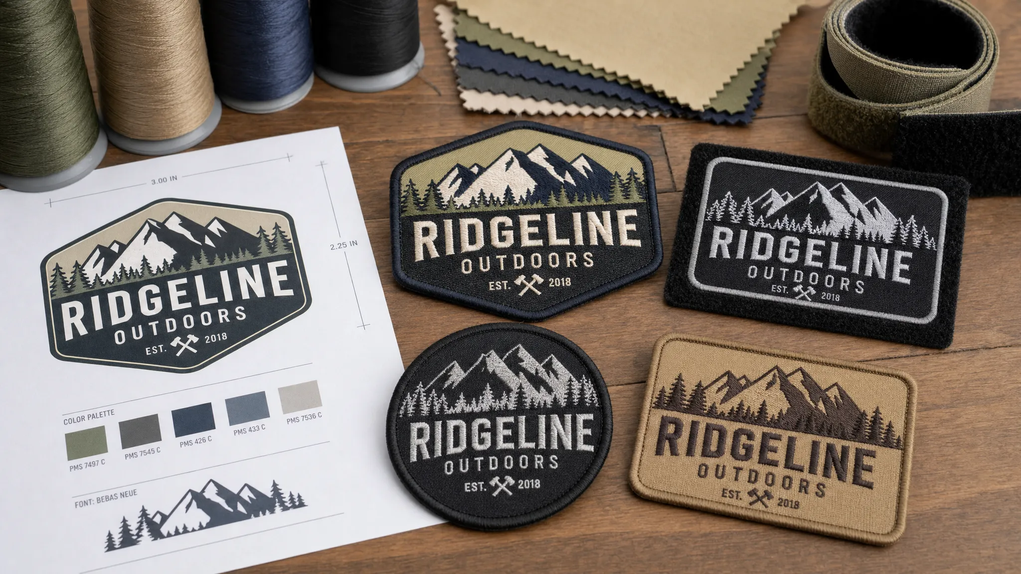 A close-up tabletop scene showing several custom fabric patches in different styles, including woven, embroidered, and hook-and-loop patches, with thread spools, fabric swatches, and a printed logo proof arranged for quality review.