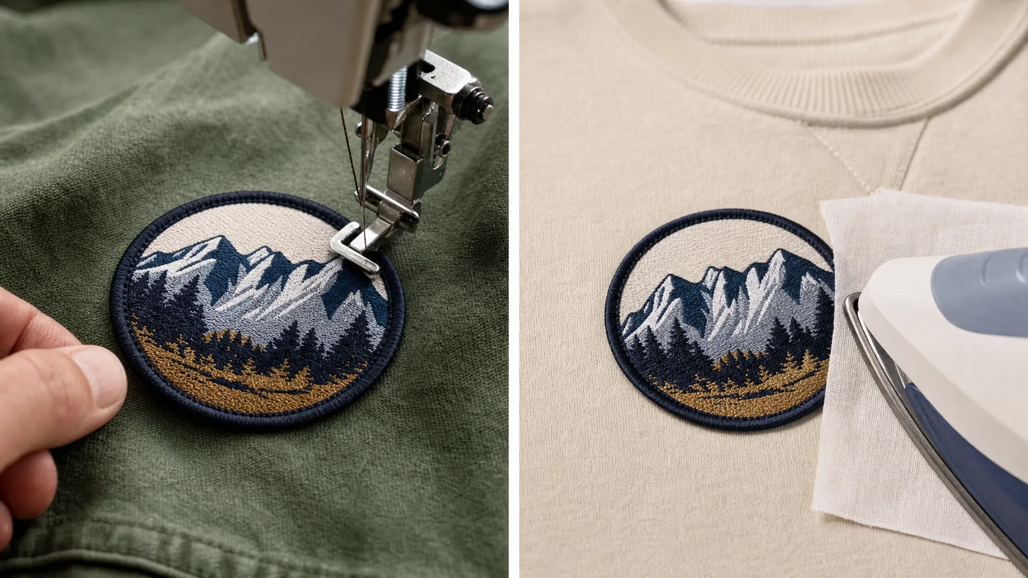 A close-up view of two custom fabric patches on apparel, one being stitched around the edge with matching thread and another positioned on a smooth cotton garment with a pressing cloth nearby, showing the practical difference between sew-on and iron-on application methods.