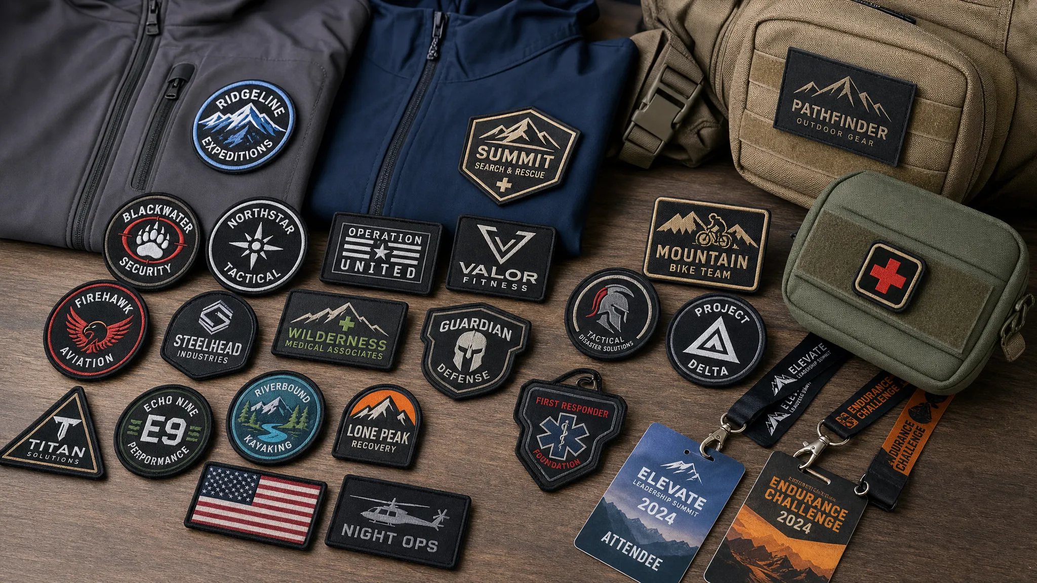A collection of custom hook-and-loop patches arranged beside team jackets, outdoor backpacks, event lanyards, and gear pouches, showing different shapes, borders, and logo styles for teams and events.