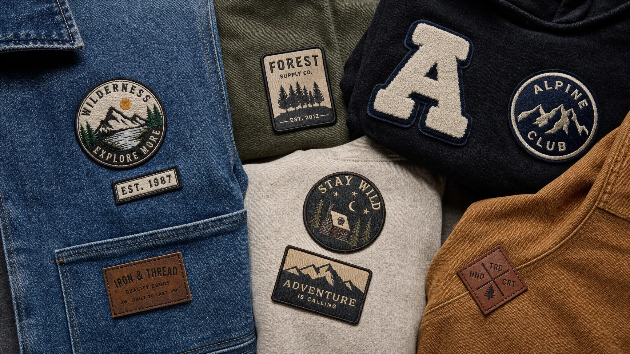 A collection of different clothing patches displayed on denim, cotton, fleece, and canvas garments, showing woven logo patches, embroidered patches, chenille patches, and leather-style patches in varied sizes and placements, arranged as a flat lay with the garments partially overlapping.