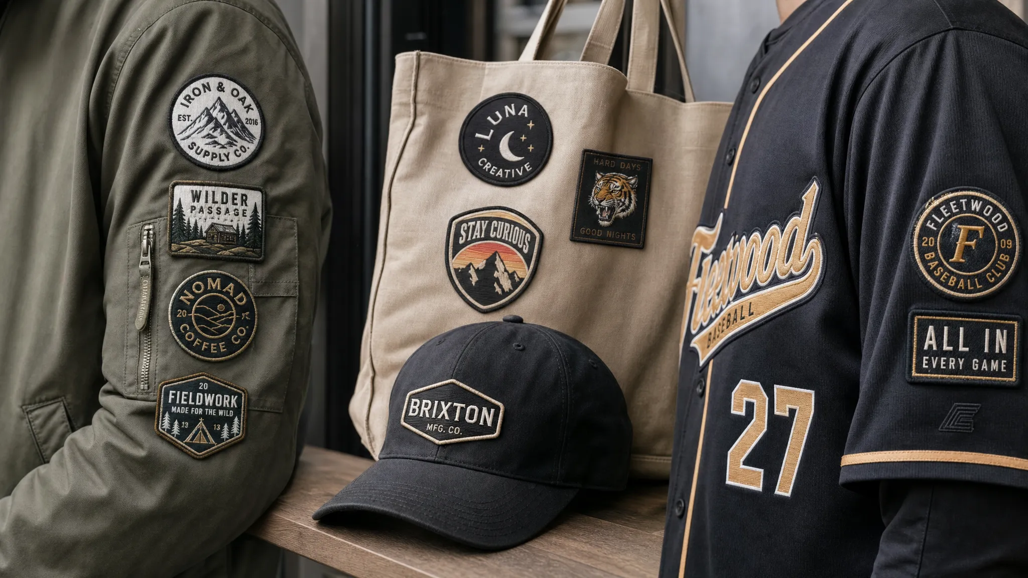A group of custom patches shown on a jacket sleeve, cap, tote bag, and team uniform, with varied shapes and logo styles for brands, teams, and creators.