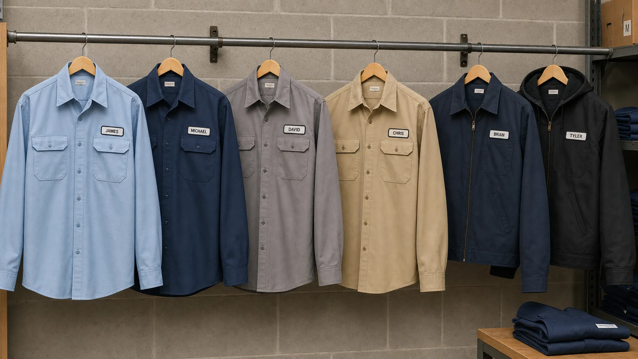 A lineup of work shirts and jackets on hangers with name tapes above the chest pockets, shown in a retail backroom setting with even spacing, clear lettering, and consistent placement.