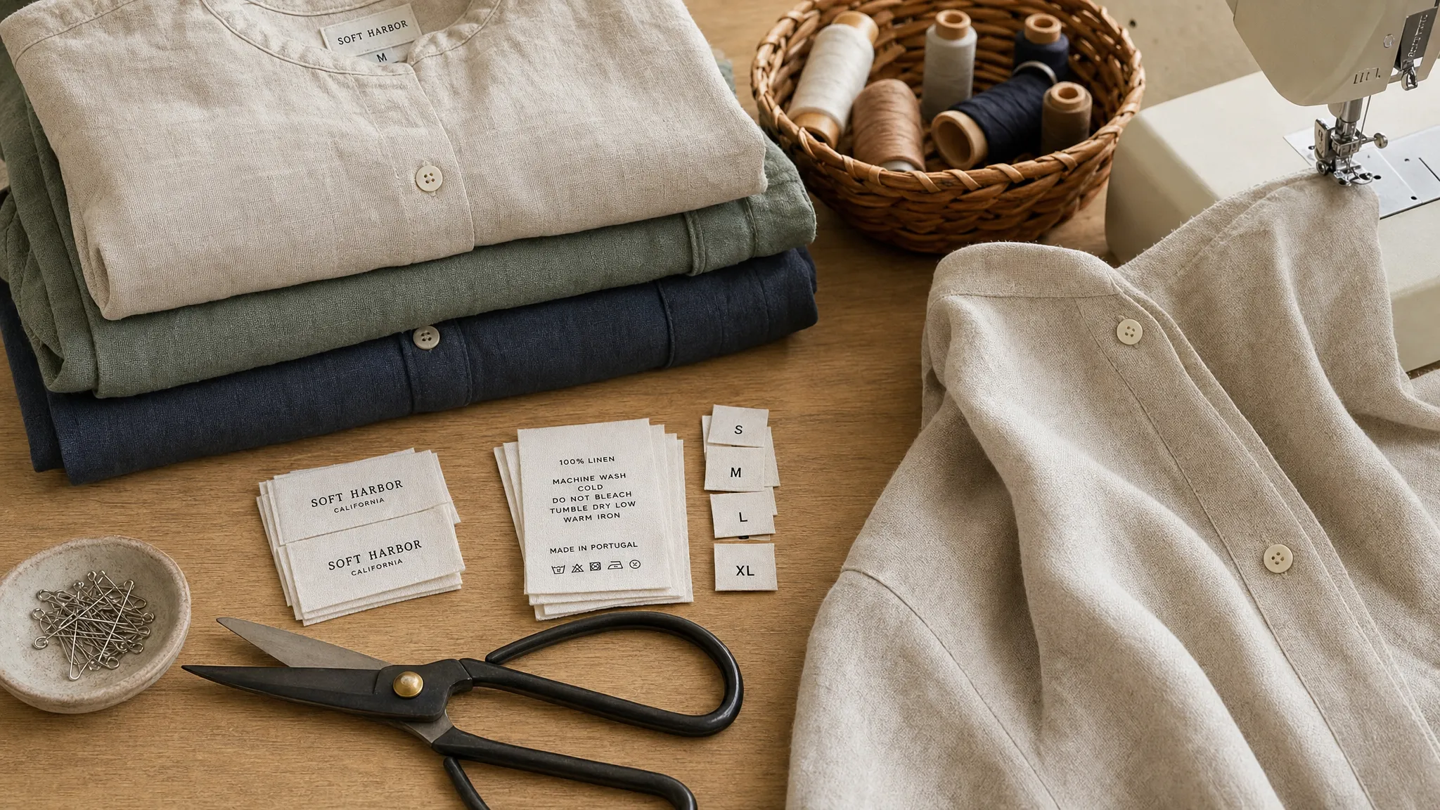 A sewing table with neatly folded handmade garments, woven brand labels, care labels, size tags, thread spools, and fabric scissors arranged beside a partially sewn linen shirt.