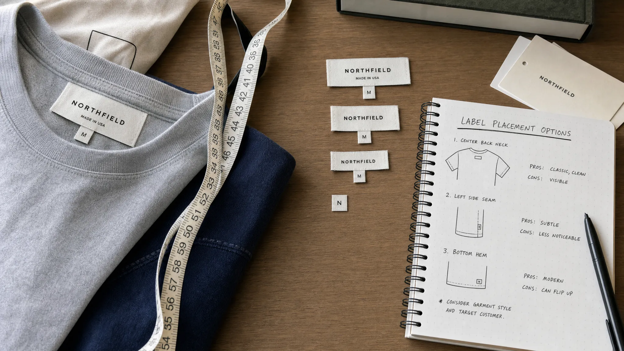 A tabletop workspace with garments, a measuring tape, several woven labels in different sizes, and a notebook comparing placement options.