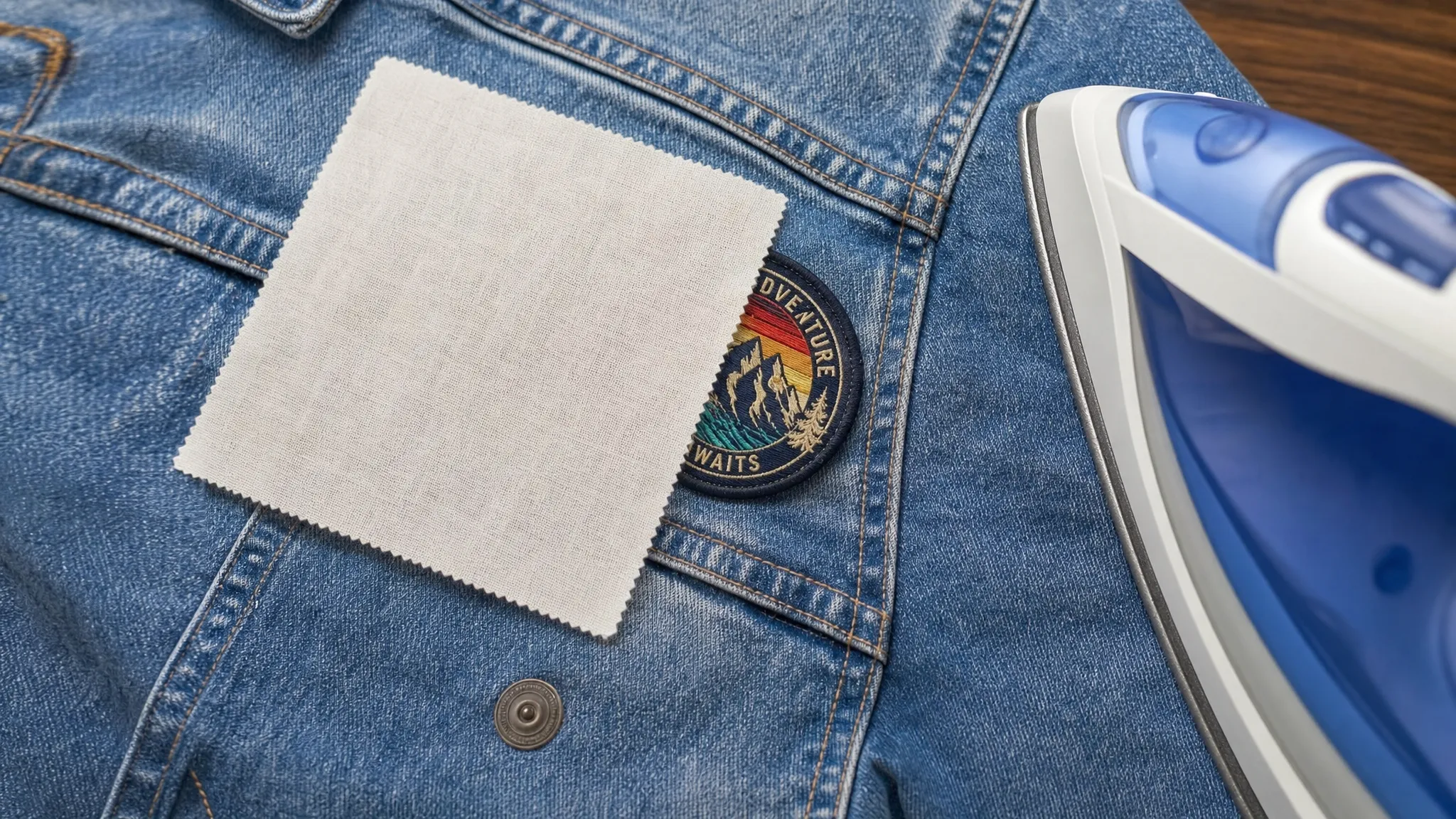 Close-up of a custom woven patch positioned on a denim jacket with a pressing cloth covering it, while a household iron is set beside the garment, showing the patch ready for heat application.