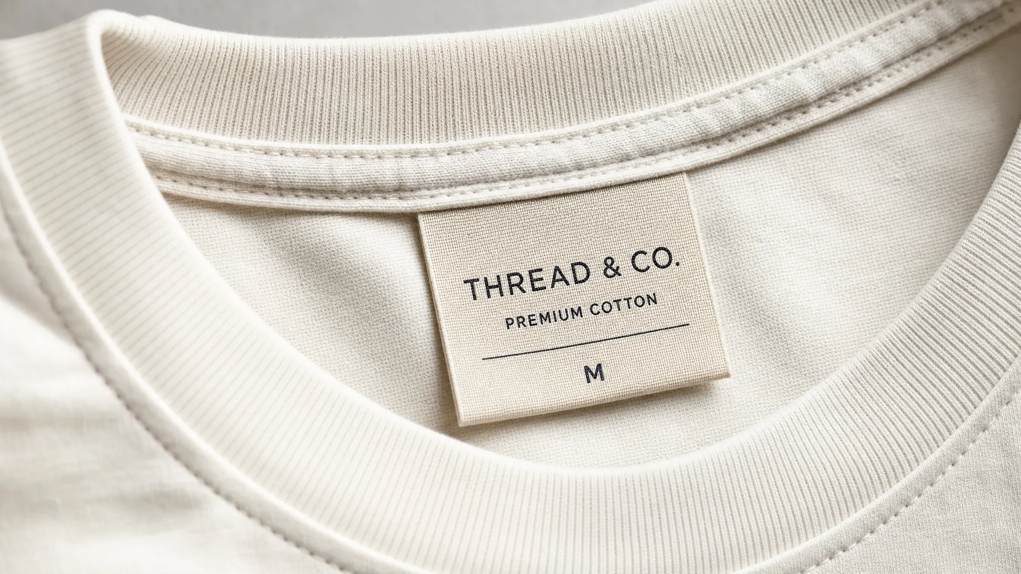 Close-up of a premium cotton garment neckline with a neatly stitched woven fabric label, showing visible thread texture, crisp lettering, and a clean folded edge.