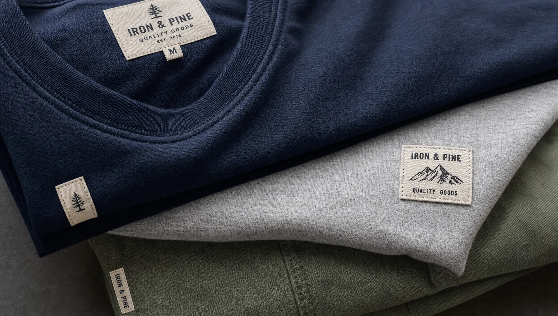 A close-up of folded apparel with several woven brand labels sewn into different spots, including a neckline label, a hem tag, and a small patch on the fabric.