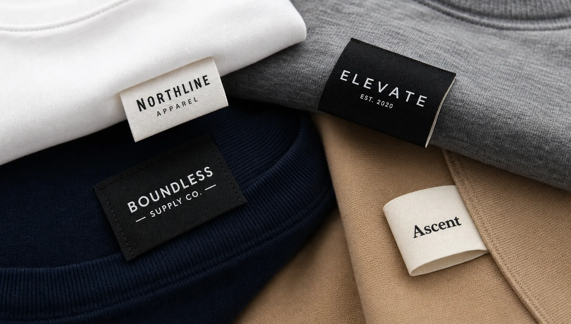 A close-up of several clean woven logo labels on folded apparel, showing simple wordmarks, strong contrast, clear spacing, and different label folds for comparison.