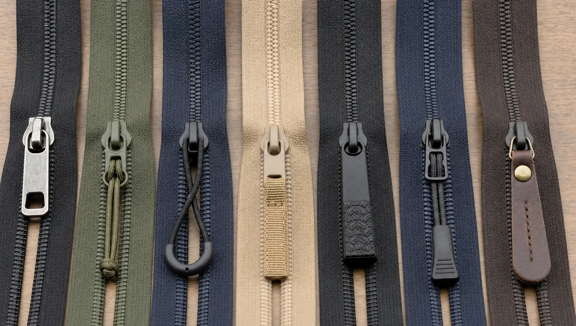 A close-up tabletop arrangement of several jacket zipper pull styles, including metal, rubber, cord, woven fabric, and leather-style pulls, each shown on a separate zipper sample for direct comparison.