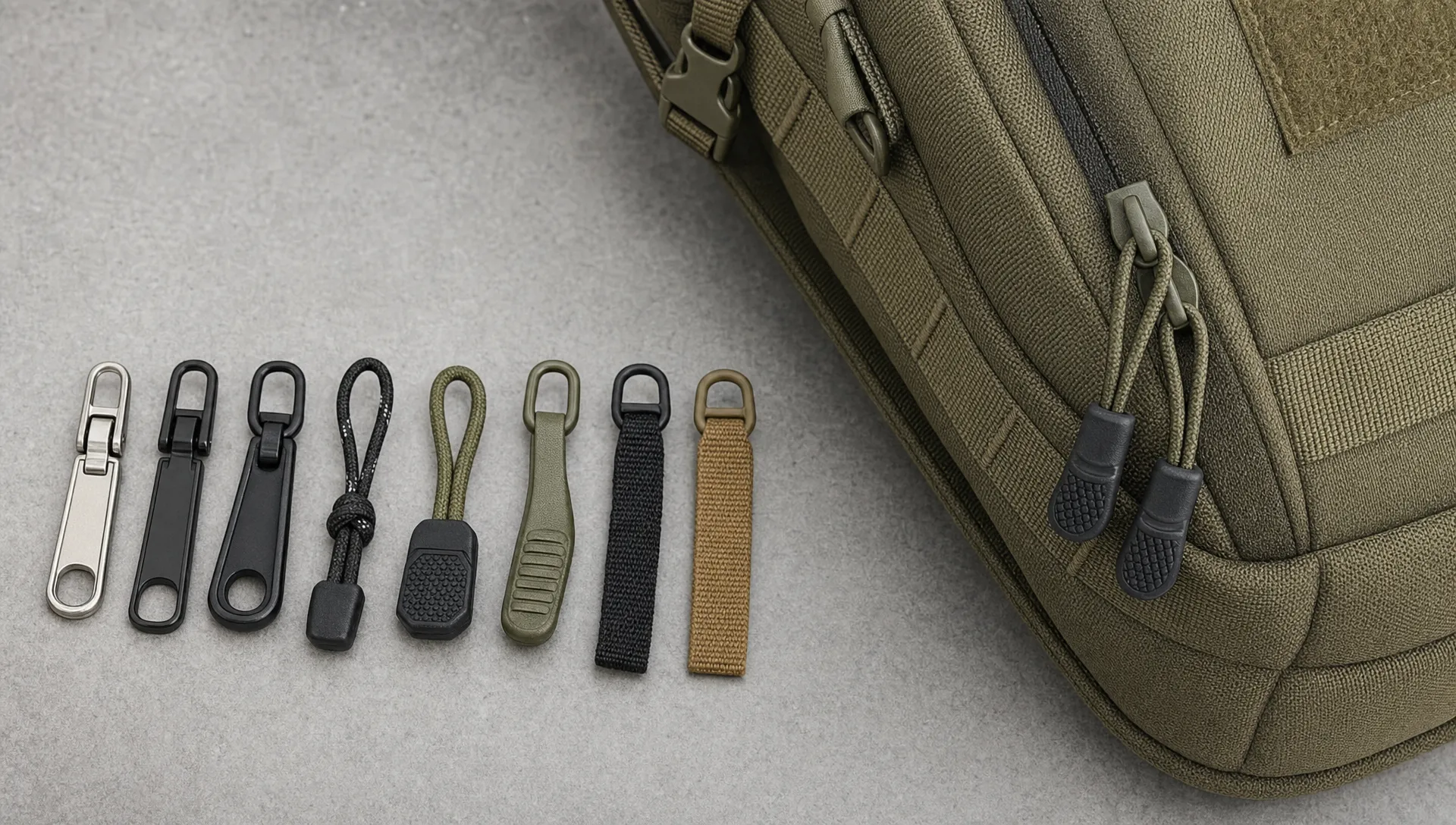 A close view of several backpack zipper pull styles beside a rugged backpack, including metal, rubber, cord, and woven tab pulls, with visible attachment loops and textured grip surfaces.