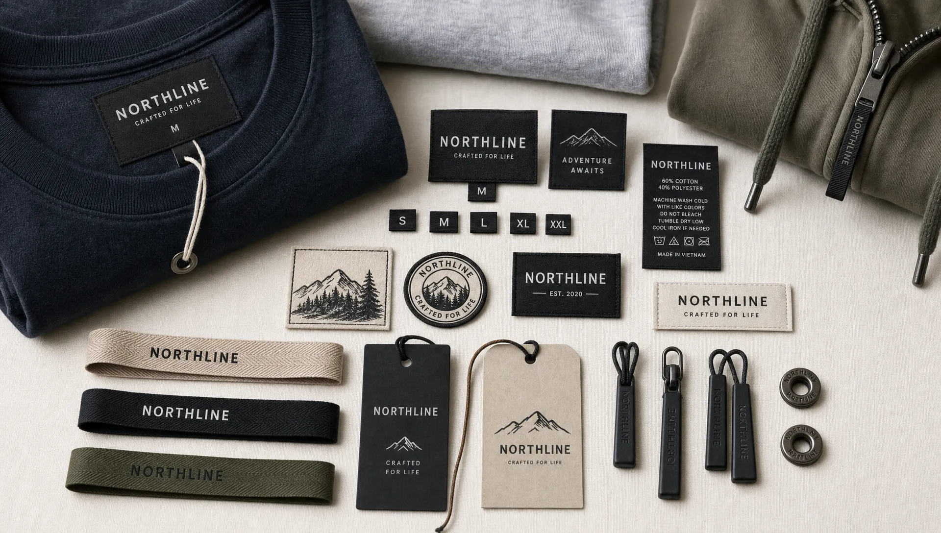 A neatly arranged apparel branding system showing woven neck labels, care labels, size tags, patches, ribbons, and zipper pulls laid out beside folded garments in a clean workshop setting.