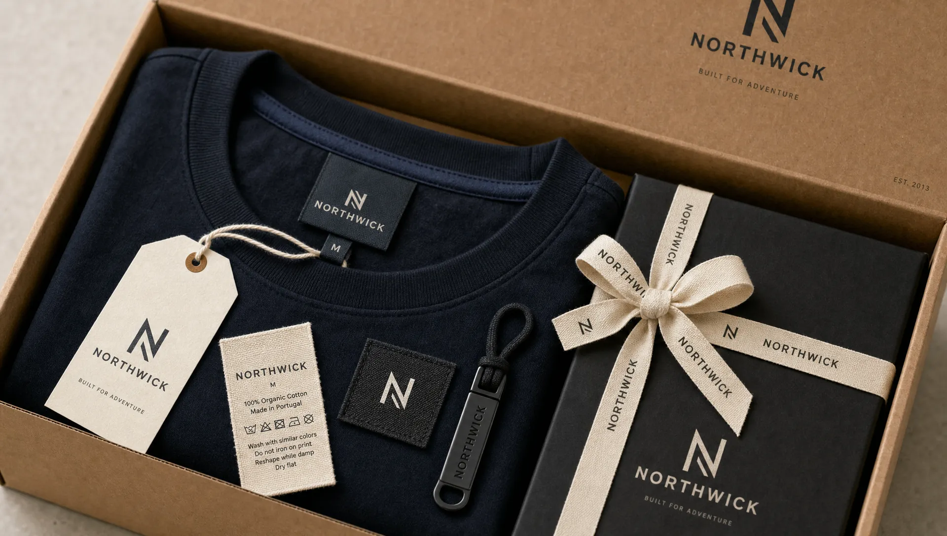 A neatly arranged set of branded apparel and packaging details inside an open shipping box, including a woven neck label on a folded shirt, a care label, a small fabric patch, a zipper pull, and a branded ribbon tied around a gift box.