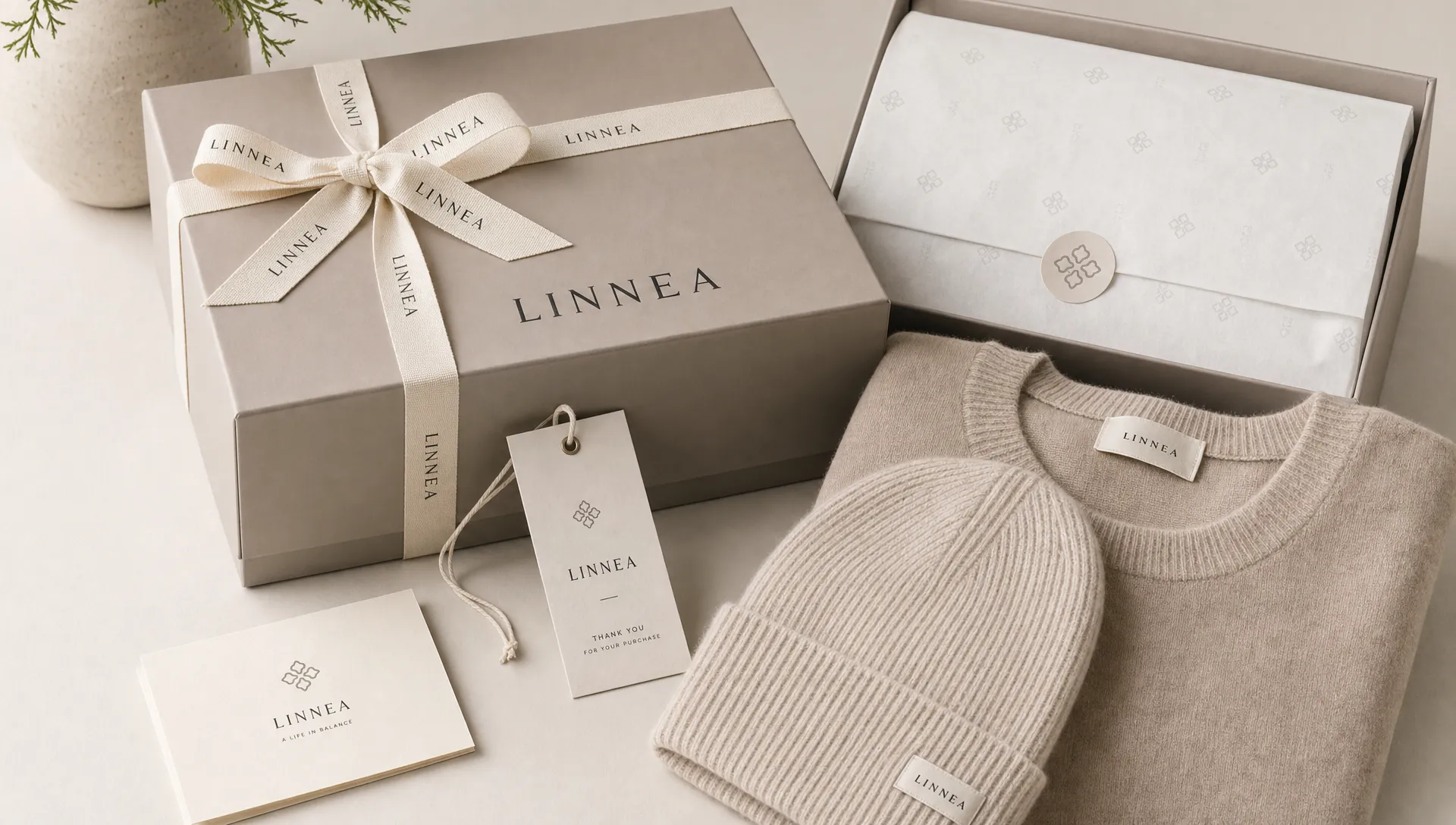 A premium product box tied with a woven logo ribbon, with matching tissue paper, a hang tag, and soft goods arranged neatly on a clean table.