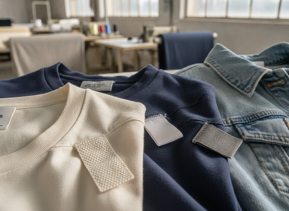 Close-up illustrating 'best labels for small clothing brands to grow', detailed woven or care...