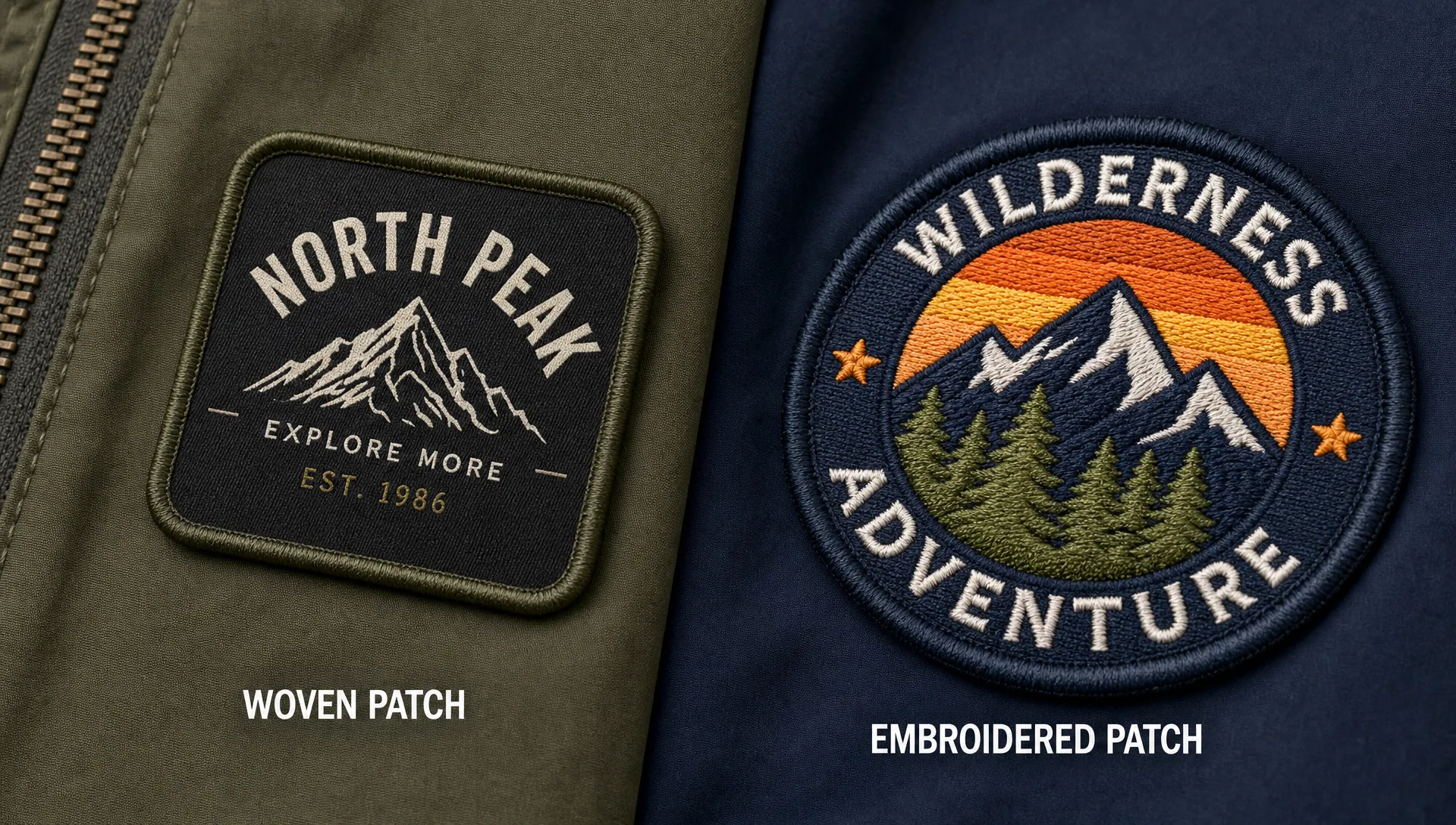 Close-up comparison of two apparel patches on fabric, one smooth woven patch with fine logo detail and small lettering, and one raised embroidered patch with bold textured stitching.