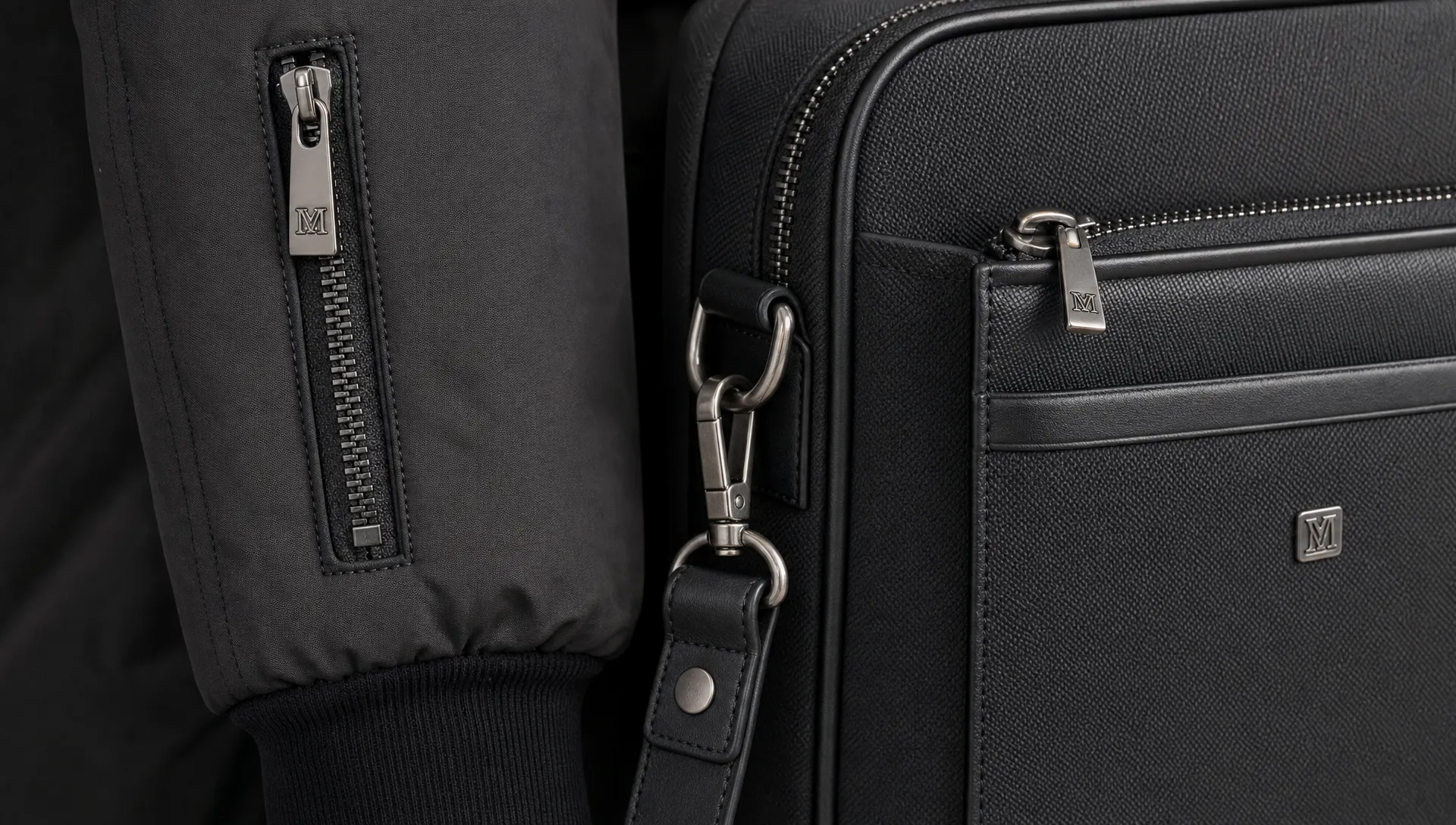 Close-up of a premium jacket sleeve and a structured bag pocket showing custom metal zipper pulls with subtle logo detailing and coordinated hardware accents.
