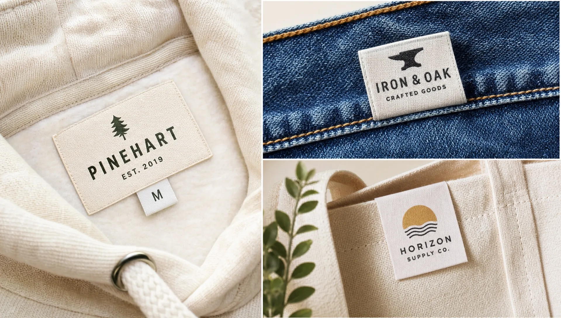 Close-up of folded woven clothing labels sewn into a cotton hoodie neckline, a denim seam, and a canvas tote edge, showing crisp woven logos, soft edges, and premium garment finishing details.