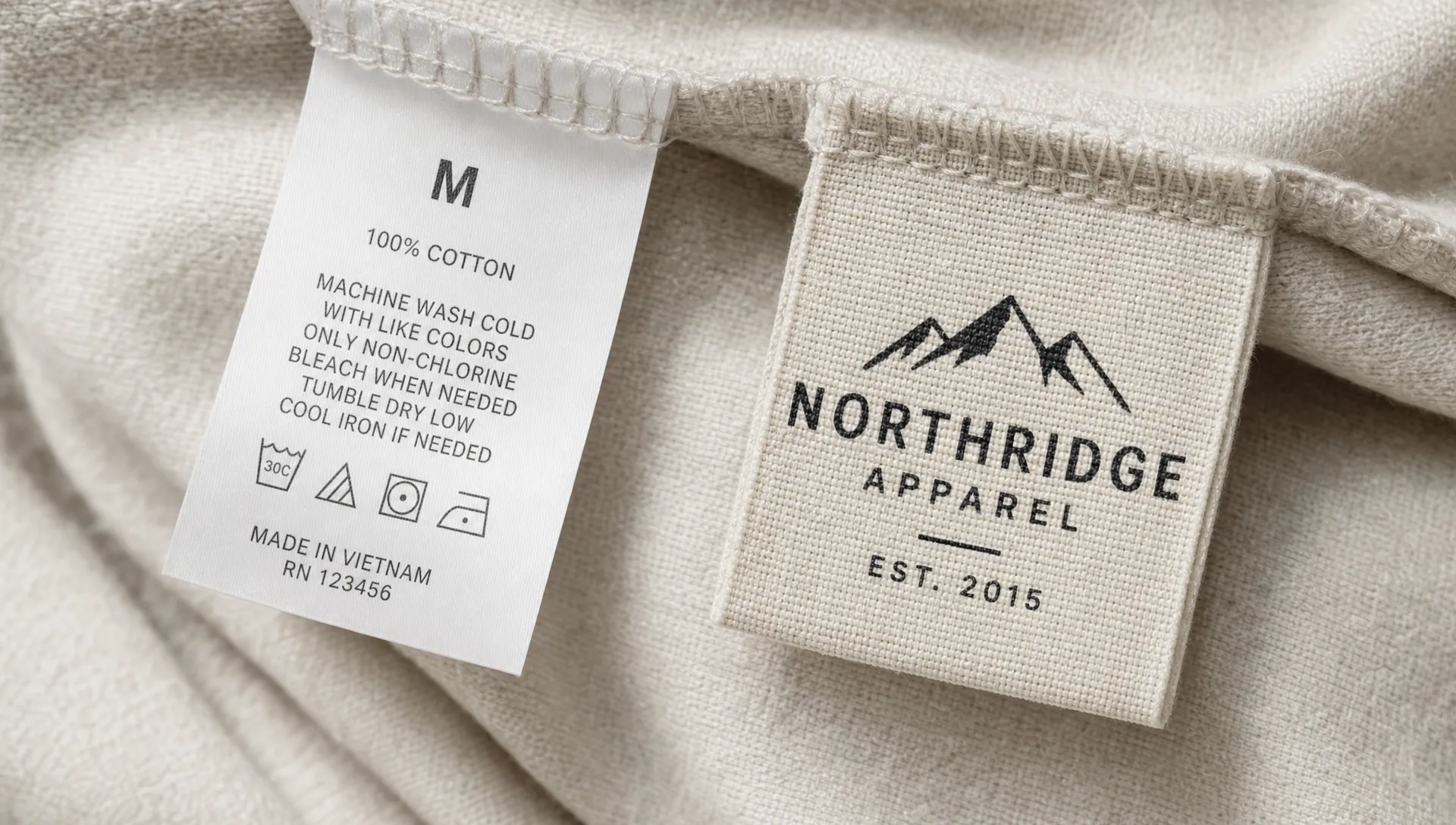 Close-up of two apparel labels on soft neutral fabric, one flat printed care label with small text and one textured woven brand label with a simple logo, showing the difference in surface detail and finish.