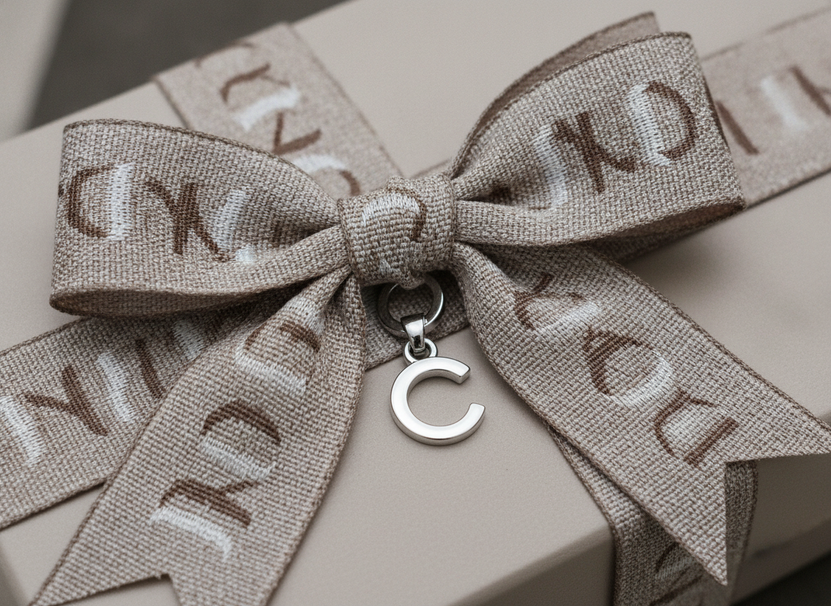 Supporting image 1: close-up of a perfectly tied bow using a custom jacquard woven ribbon on a...