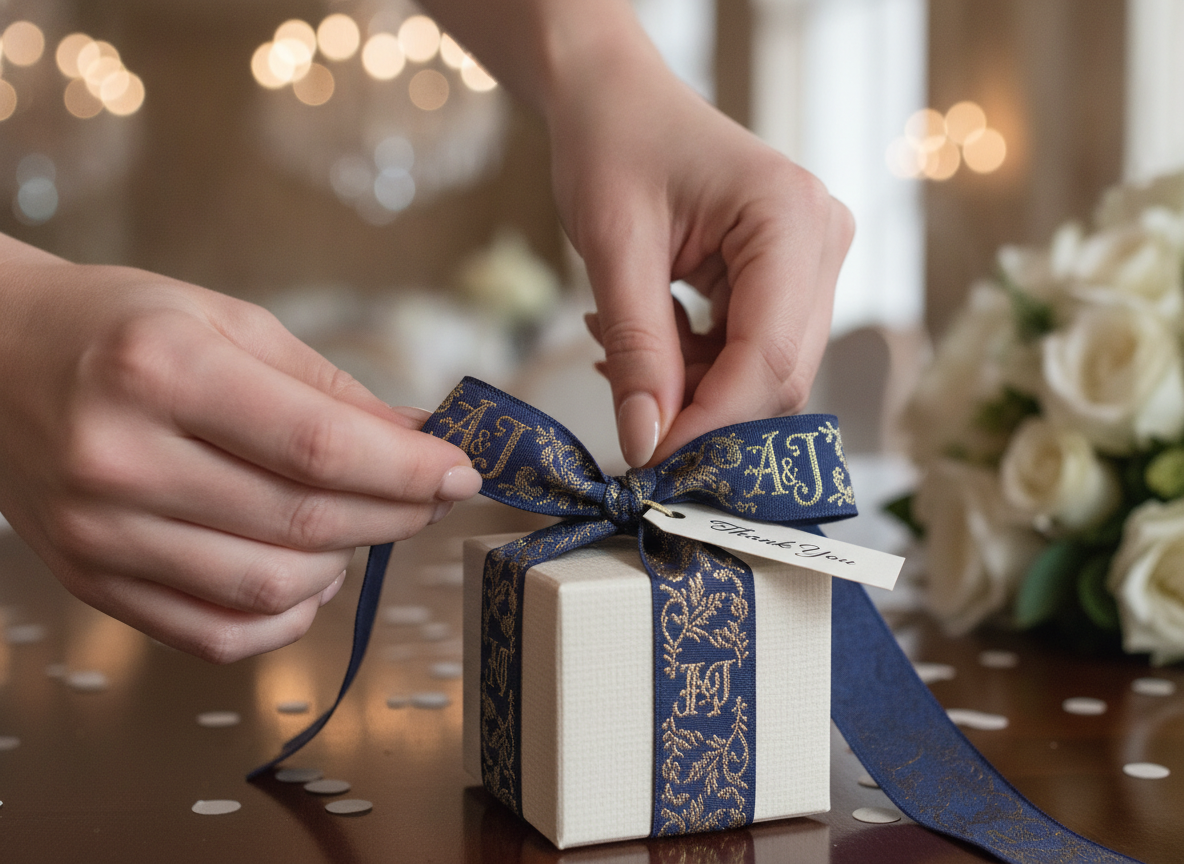 Close-up, shot of hands tying a custom jacquard ribbon onto a small gift box or wedding favor. the...