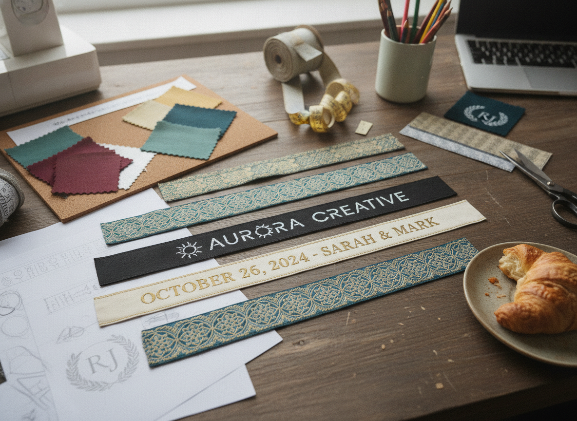 Flat lay of various custom jacquard ribbon samples on a designer's desk. some ribbons feature...