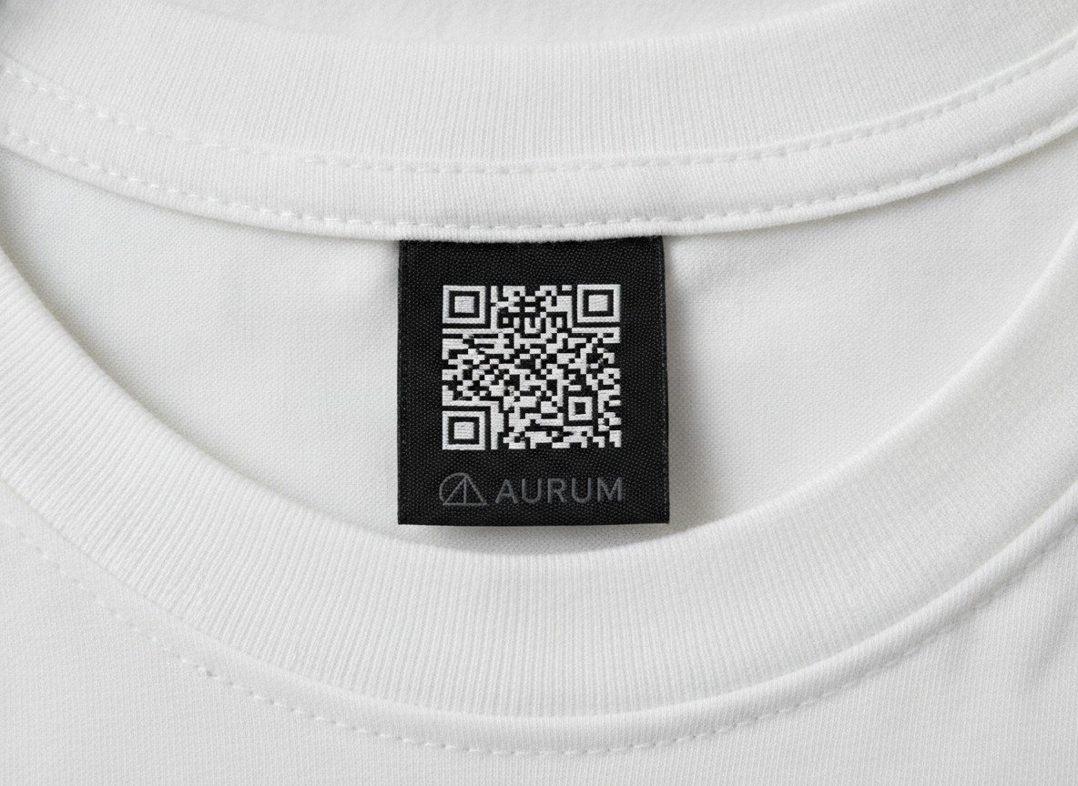 Close-up, image of a sleek, custom-designed black woven label sewn into the collar of a white...