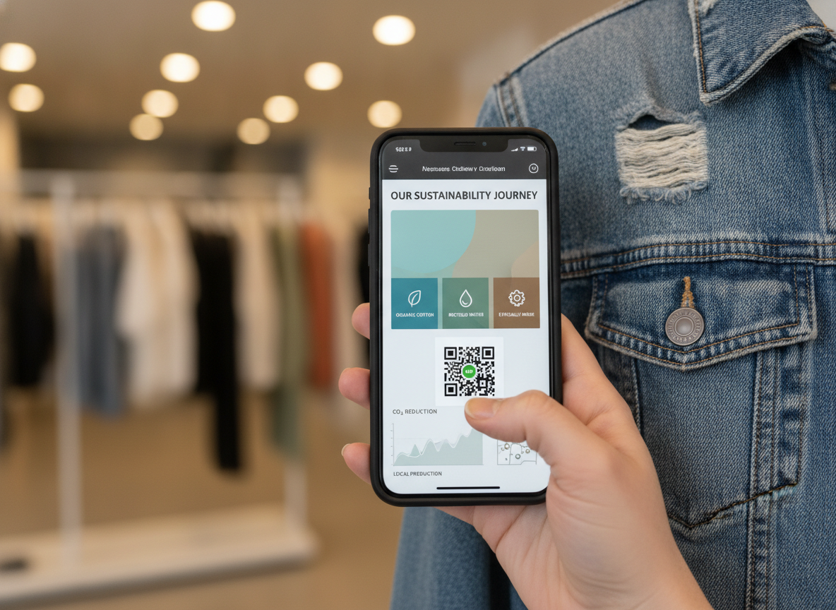 Close-up, image of a person's hand holding a smartphone, scanning a qr code on a care label sewn...