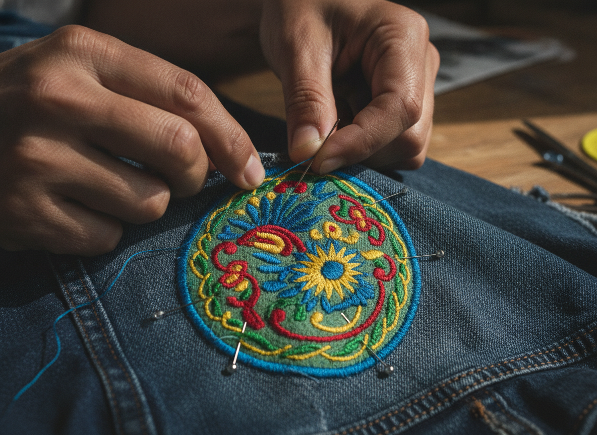 Featured image: close-up of hands (diverse, subtle age suggestion) carefully hand-sewing a vibrant,...