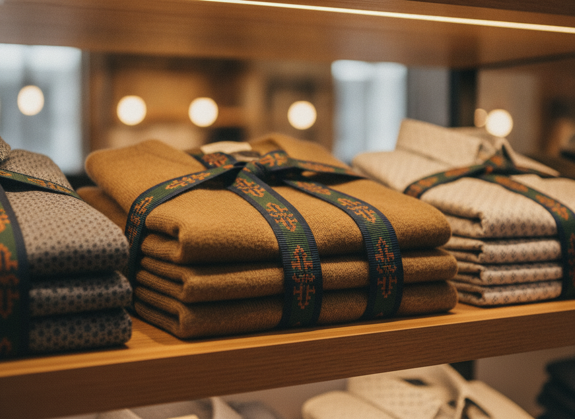 Middle article image: close-up shot of a retail display shelf. various apparel items (e.g., folded...