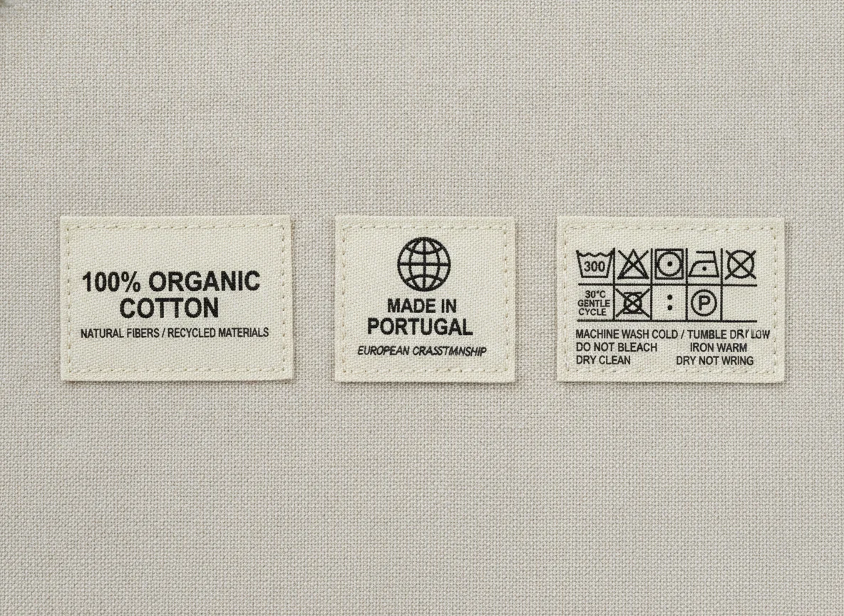 Later article image: a series of three distinct woven care labels, laid out side-by-side on a light...