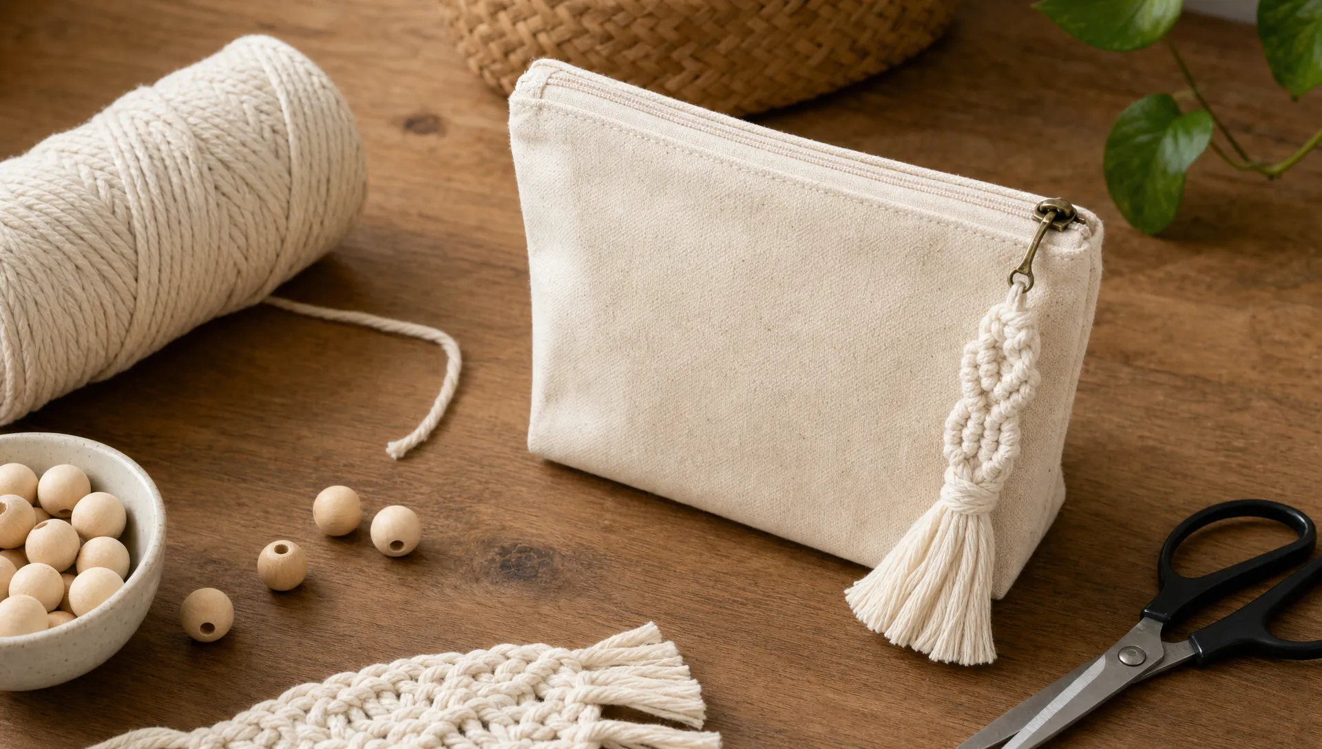 A canvas pouch with a cream macramé zipper pull sits beside cord, scissors, and wooden beads on a craft table.