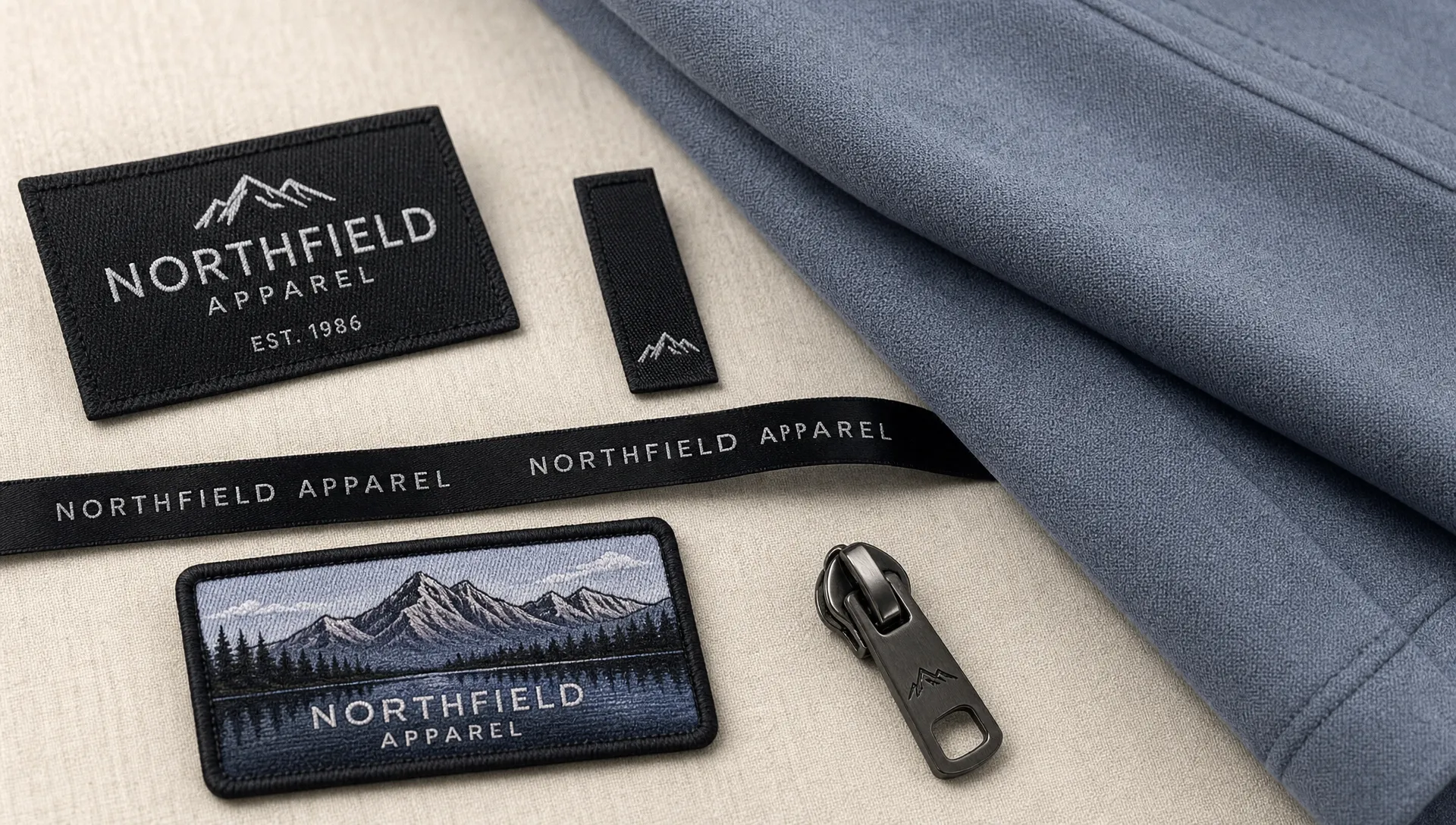 A close-up arrangement of a woven neck label, side tab, ribbon, patch, and zipper pull beside folded fabric.