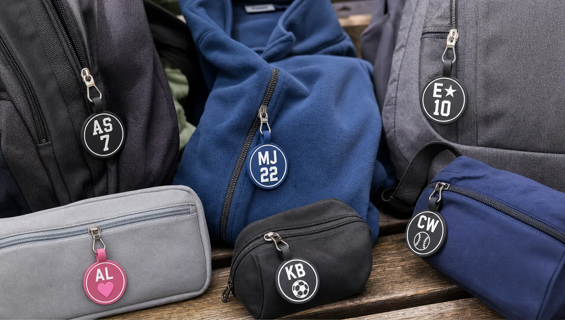 A close-up arrangement of backpacks, jackets, and small pouches with personalized name tag zipper pulls showing initials, team numbers, and simple icons for easy identification.