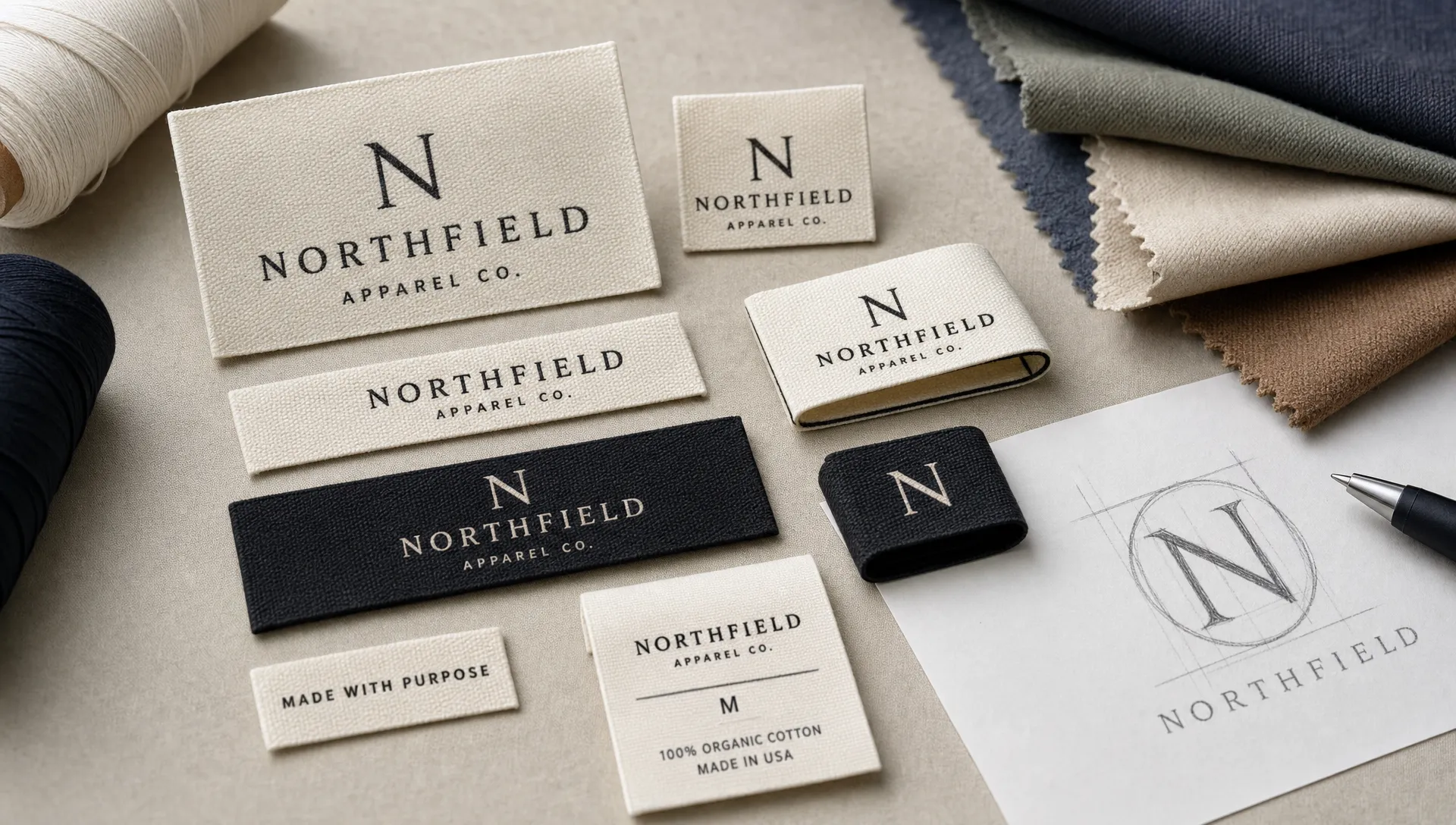 A close-up arrangement of several woven clothing labels in different sizes and fold styles beside fabric swatches, thread spools, and a simple logo sketch, showing how label scale and texture affect brand presentation.