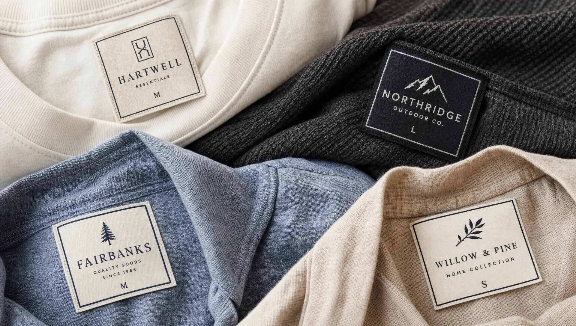 A close-up arrangement of woven damask labels on folded garments shows crisp small lettering, simple logo marks, and clean borders.