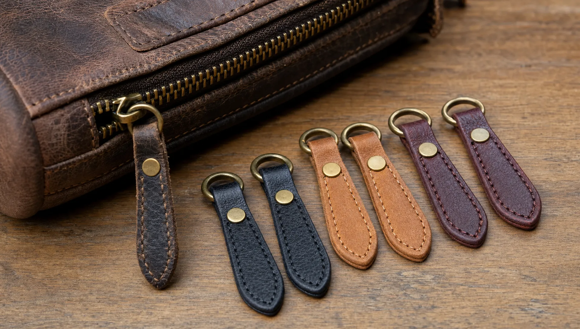 A close-up of a worn leather purse on a tabletop with several replacement leather zipper pulls in black, tan, and burgundy arranged beside the zipper hardware.