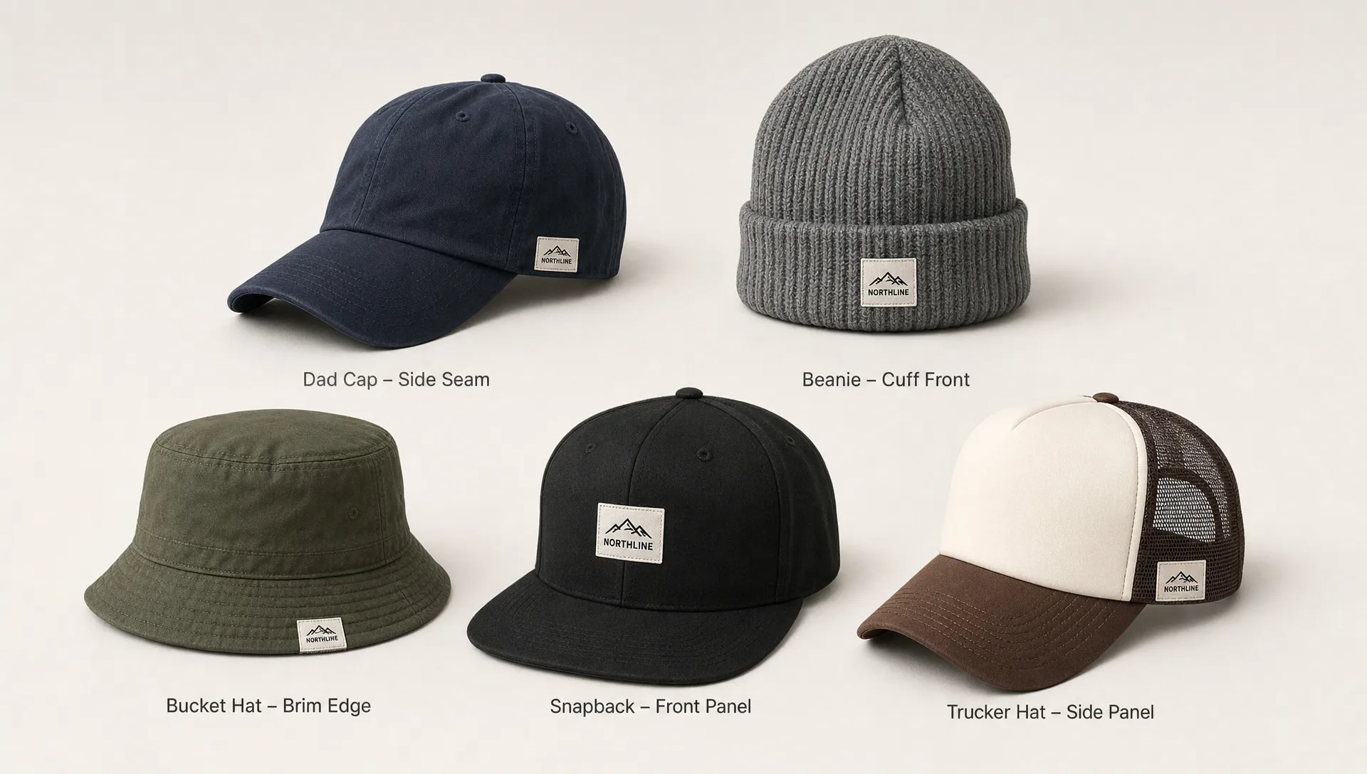 A collection of hats including a dad cap, beanie, bucket hat, snapback, and trucker hat, each showing a different woven label placement.