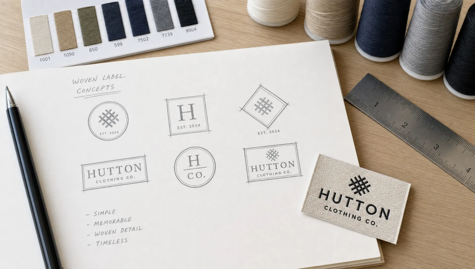 A designer’s desk shows simplified logo sketches for woven labels beside thread swatches, a ruler, and a small fabric label sample.
