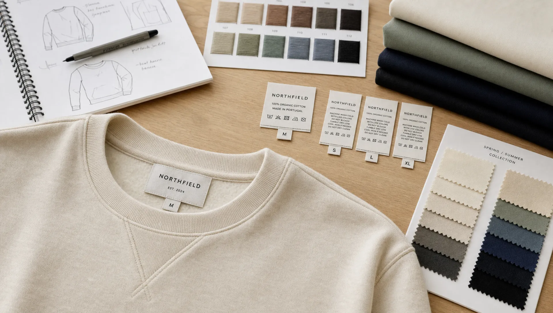 A designer's worktable with a finished garment, a woven brand label sewn near the collar, care label samples, thread color cards, and neatly folded fabric pieces prepared for a small apparel collection.