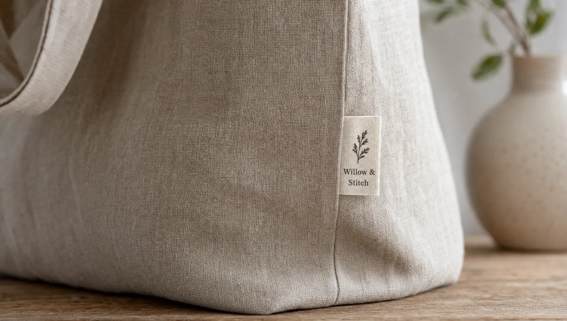 A handmade linen tote bag shows a small woven sewing label stitched into the side seam with a clear maker name and simple icon.
