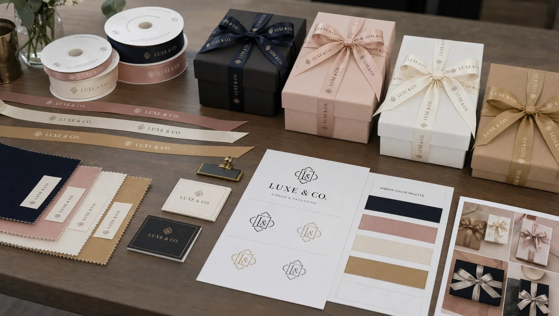 A neatly arranged packaging table with branded ribbons, fabric swatches, logo artwork sheets, and finished gift boxes showing how custom ribbon choices affect product presentation.