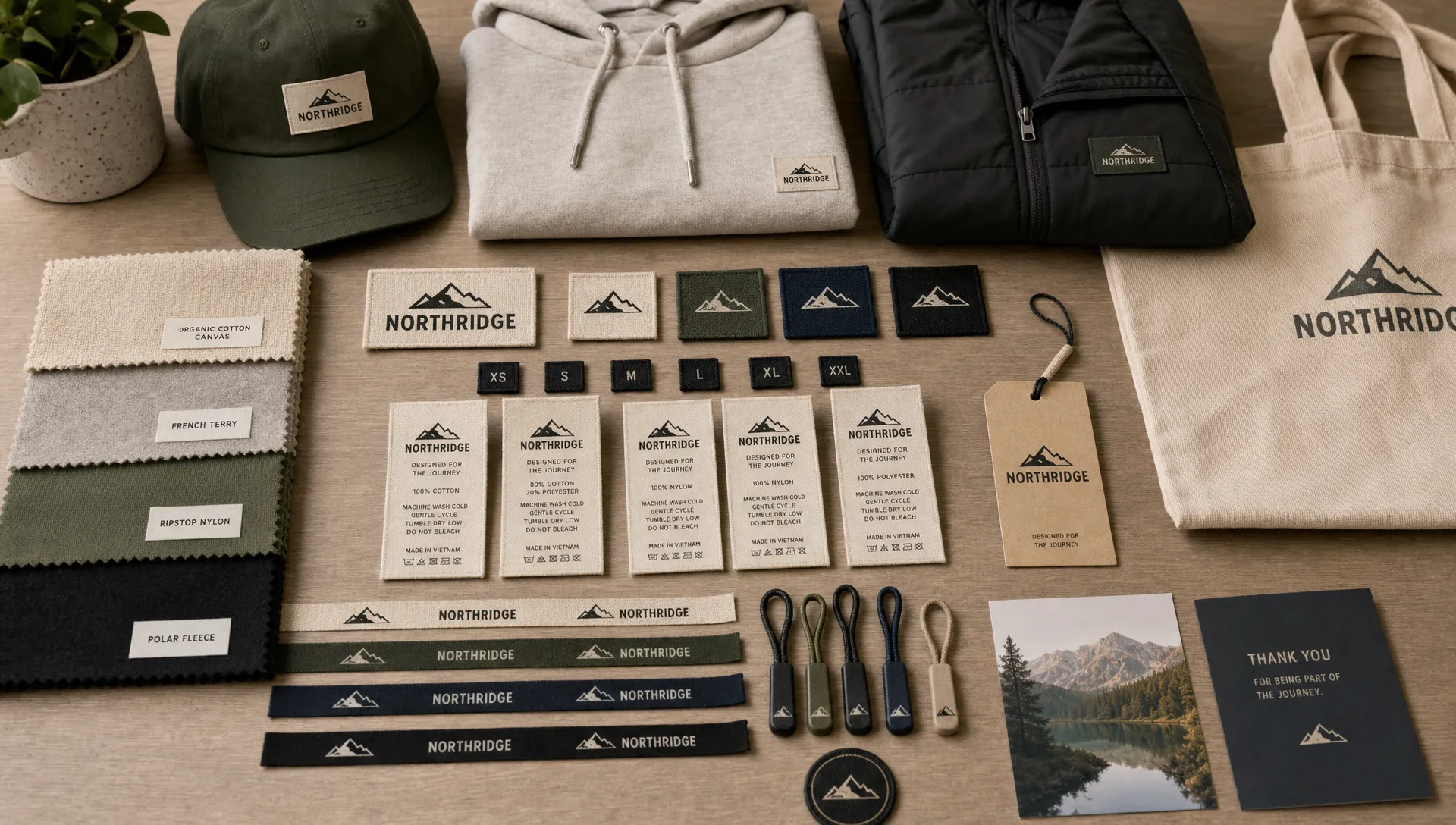 A neatly arranged studio table with custom woven labels, care labels, branded ribbons, patches, zipper pulls, fabric swatches, and finished apparel pieces, showing how the same brand details stay consistent across a product line.