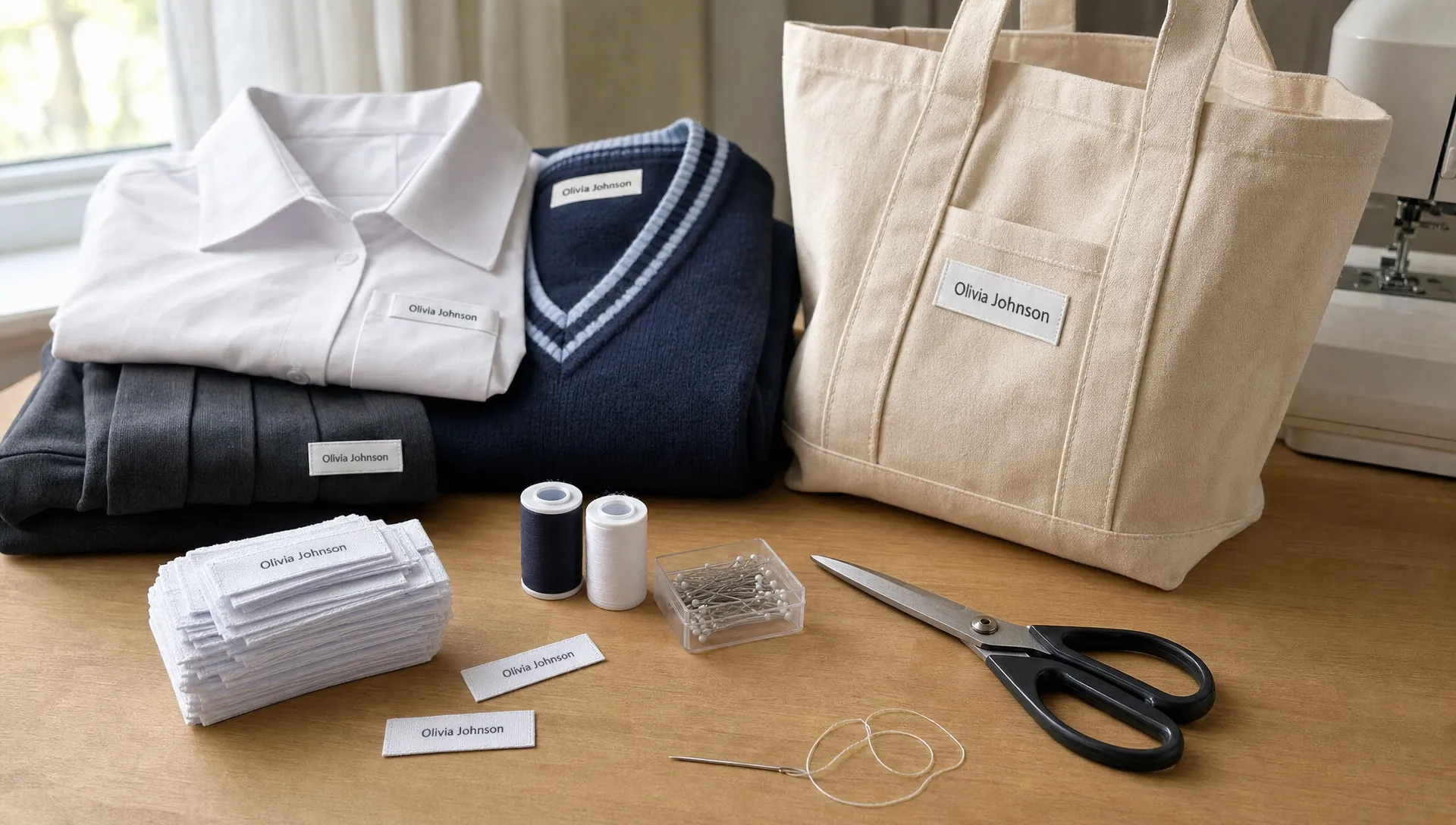 A sewing table with school uniforms, a handmade tote, folded labels, thread, scissors and a needle laid out for attaching name labels.