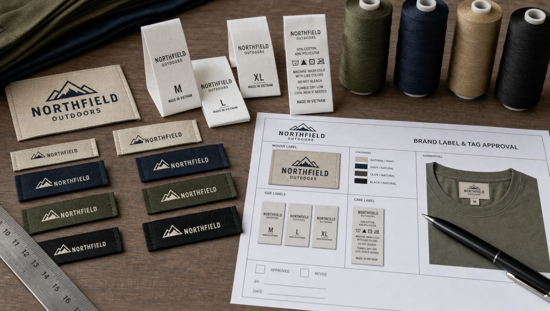 A worktable with woven label samples, folded garment tags, thread spools, and a printed proof arranged for quality review.