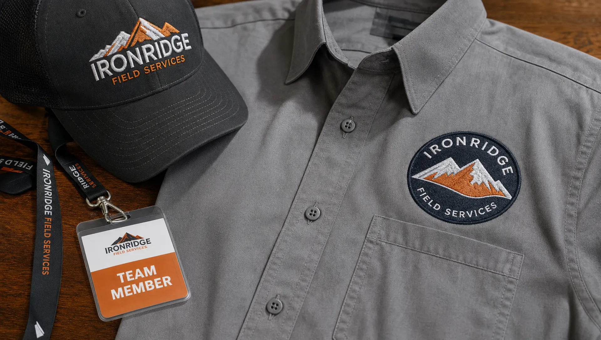 An embroidered badge on a work shirt beside a cap and event lanyard shows team identity in use.