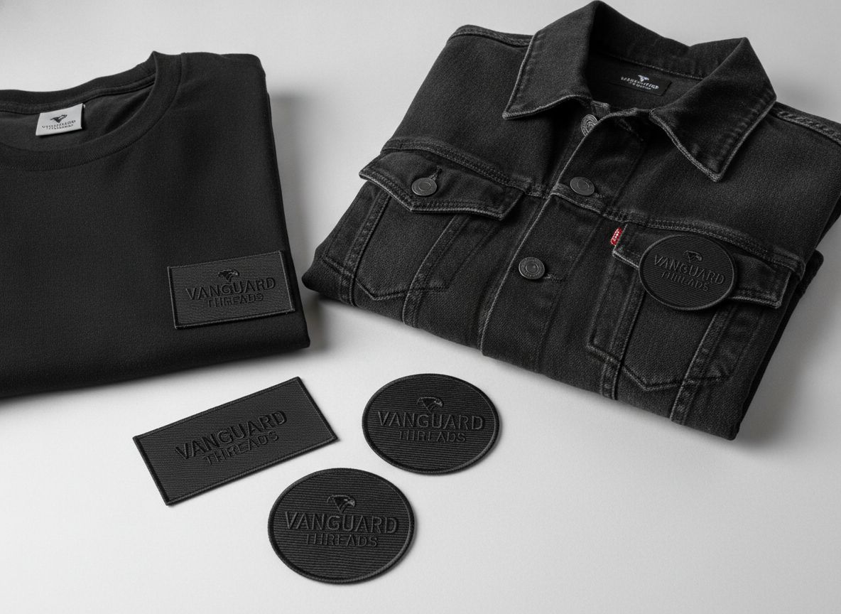 Studio product photograph: an arranged collection of custom woven patches for 'vanguard threads' on...